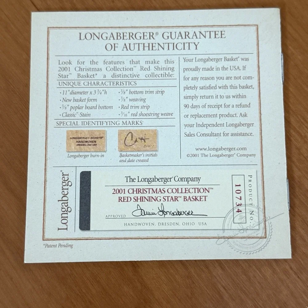 Vintage Longaberger Star Basket Christmas Shining Star Lid Liner 2001 FLAW READ